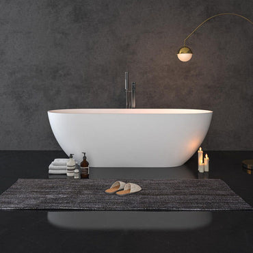 59 in Stone Resin Flatbottom Solid Surface Freestanding Double Slipper Soaking Bathtub in White with Brass Drain