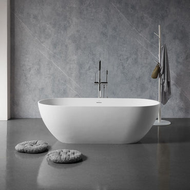 69 in Stone Resin Flatbottom Solid Surface Freestanding Double Slipper Soaking Bathtub in White with Brass Drain