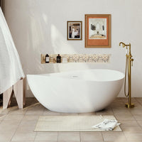 63 in Stone Resin Flatbottom Solid Surface Freestanding Roll Top Soaking Bathtub in White with Brass Drain