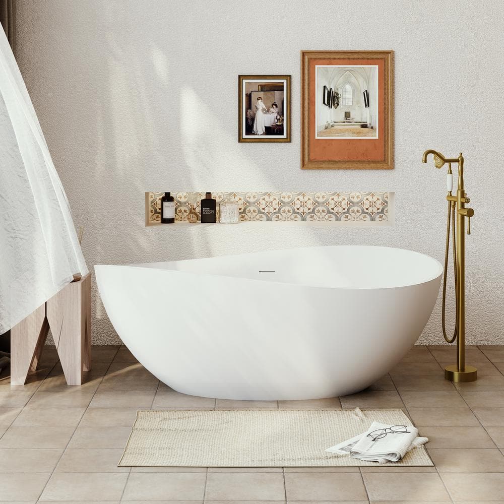 63 in Stone Resin Flatbottom Solid Surface Freestanding Roll Top Soaking Bathtub in White with Brass Drain