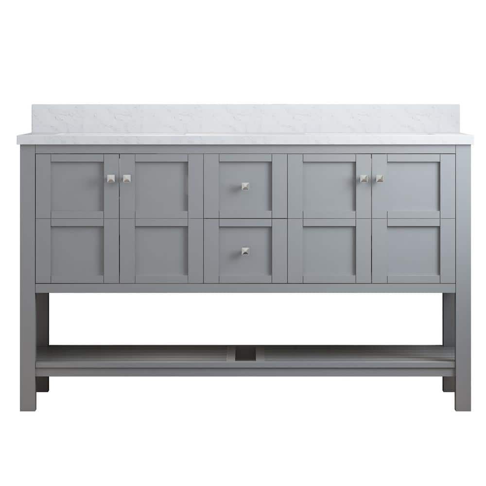 Solid Wood 60 in W x 22 in D x 39.3 in H Double Sink Bath Vanity in Modern Gray with Carrara White Natural Marble Top