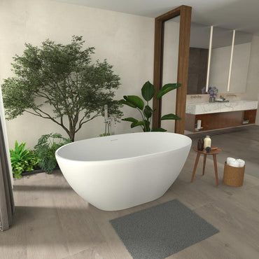 55 in x 30 in Stone Resin Flatbottom Solid Surface Non-Slip Freestanding Soaking Bathtub in White with Drain and Hose