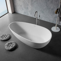 59 in. Stone Resin Flatbottom Solid Surface Freestanding Soaking Bathtub in White with Brass Drain
