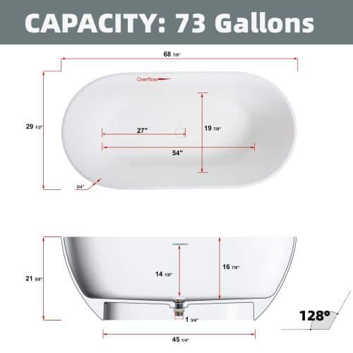 69 in Stone Resin Flatbottom Solid Surface Freestanding Double Slipper Soaking Bathtub in White with Brass Drain