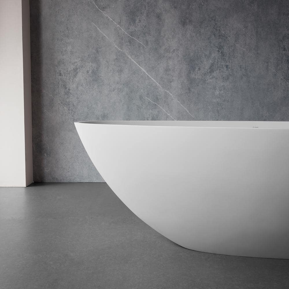 59 in. Stone Resin Flatbottom Solid Surface Freestanding Soaking Bathtub in White with Brass Drain