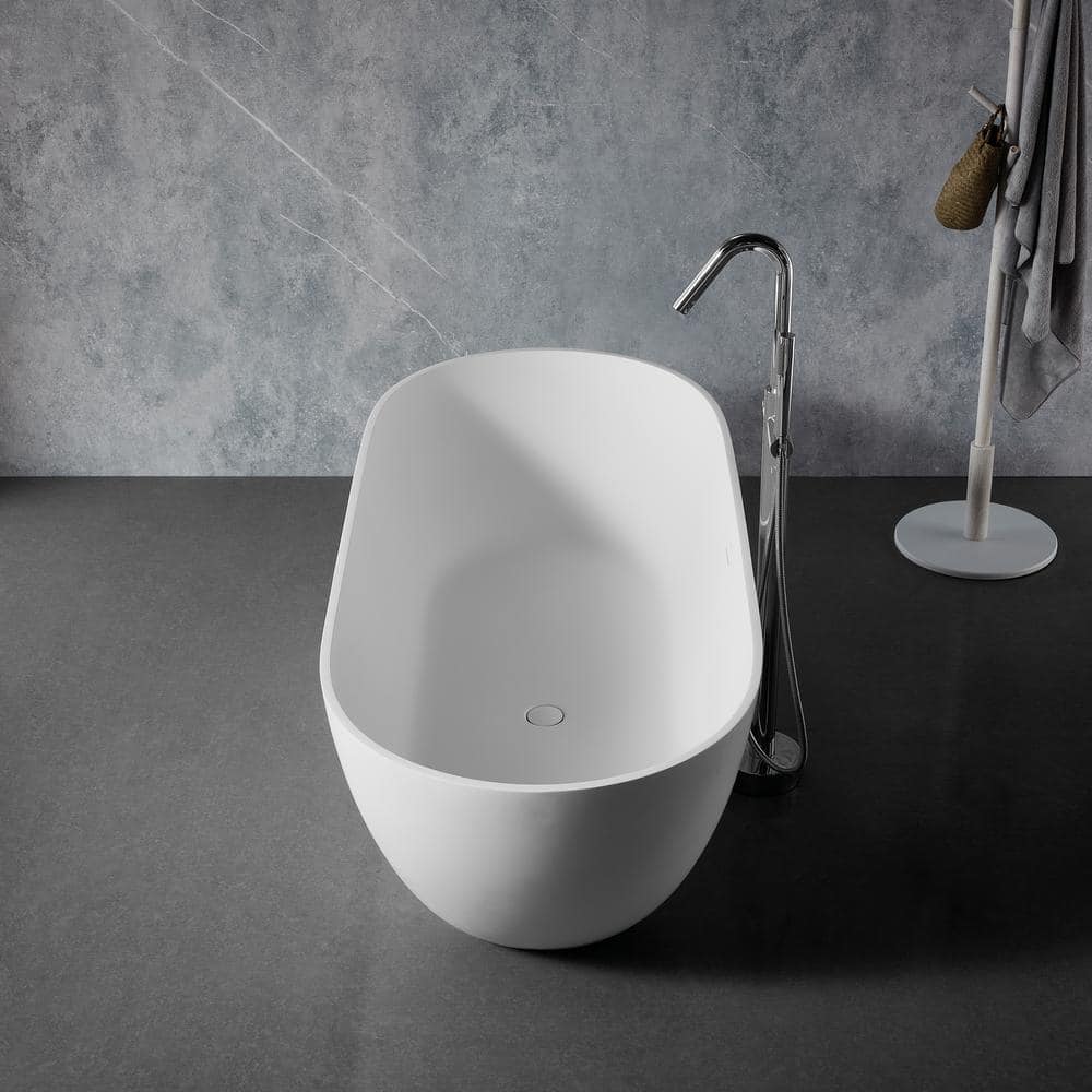 59 in Stone Resin Flatbottom Solid Surface Freestanding Double Slipper Soaking Bathtub in White with Brass Drain