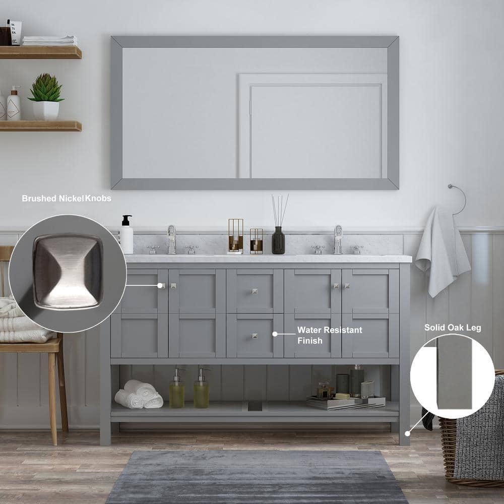 Solid Wood 60 in W x 22 in D x 39.3 in H Double Sink Bath Vanity in Modern Gray with Carrara White Natural Marble Top