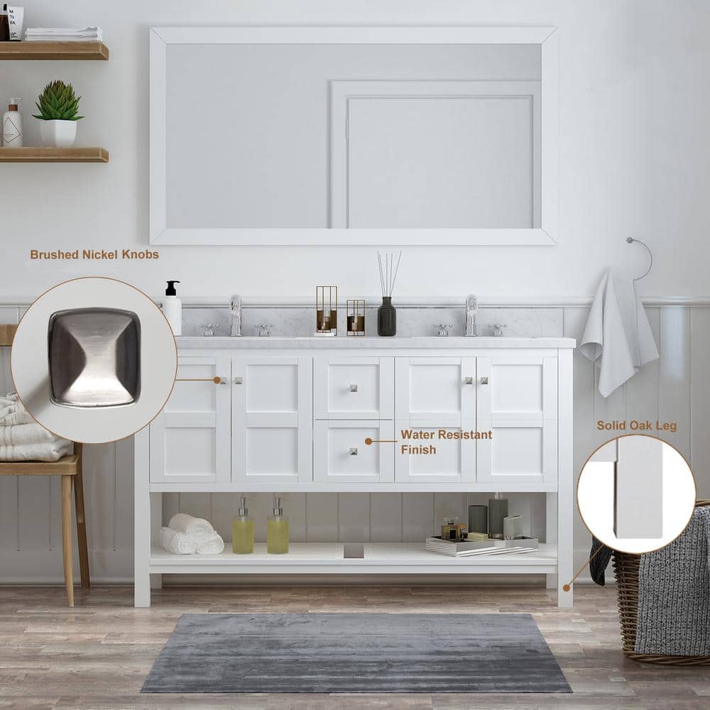 Solid Wood 60 in W x 22 in D x 39.3 in H Double Sink Bath Vanity in Modern Gray with Carrara White Natural Marble Top