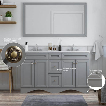 Solid Wood 60 in W x 22 in D x 39.3 in H Double Sink Bath Vanity in Modern Gray with Carrara White Natural Marble Top