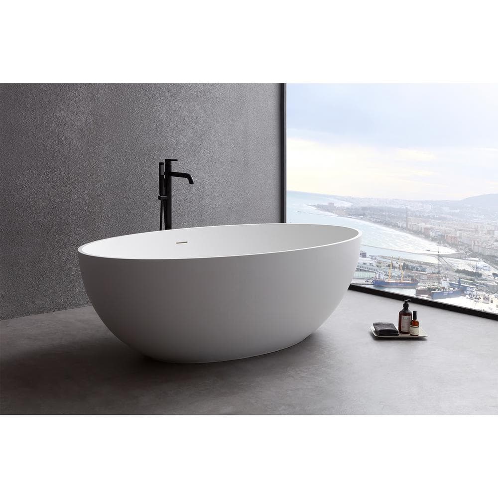 67 in Stone Resin Flatbottom Solid Surface Freestanding Soaking Bathtub in White with Drain