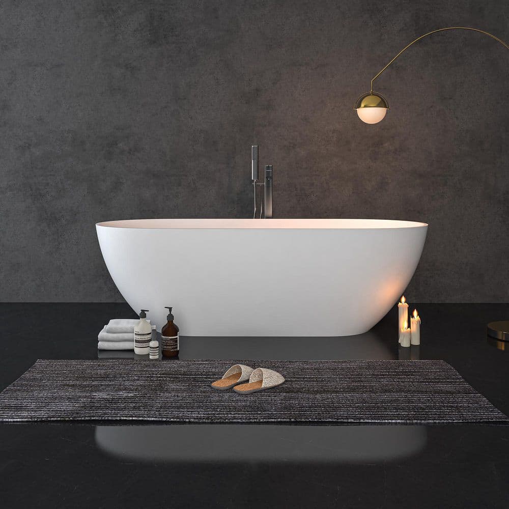 69 in Stone Resin Flatbottom Solid Surface Freestanding Double Slipper Soaking Bathtub in White with Brass Drain