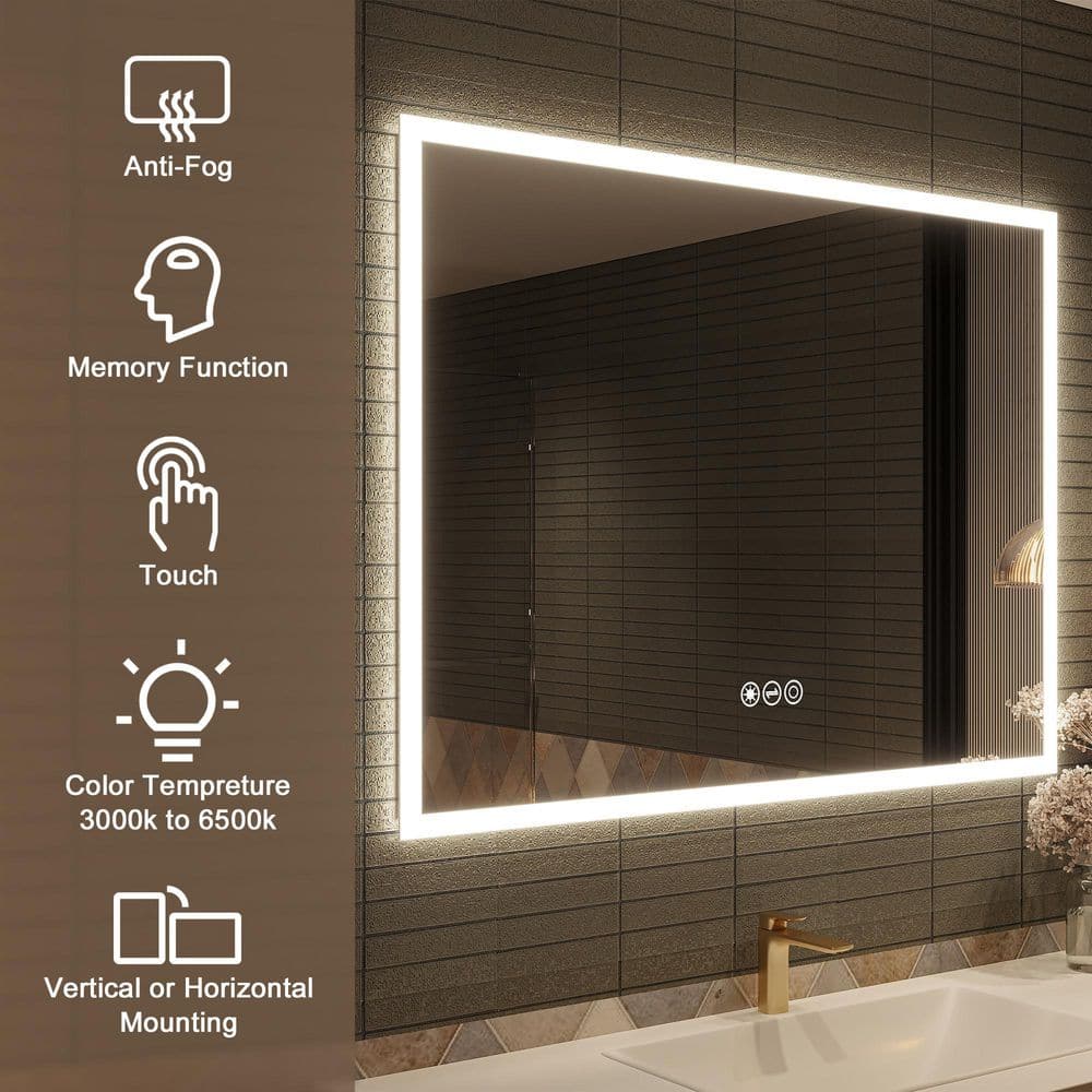 48 in W x 36 in H Rectangular Frameless Anti-Fog Wall-Mounted LED Light Bathroom Vanity Mirror in Silver