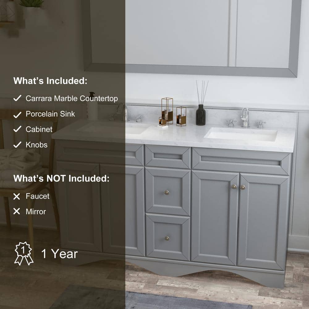 Solid Wood 60 in W x 22 in D x 39.3 in H Double Sink Bath Vanity in Modern Gray with Carrara White Natural Marble Top