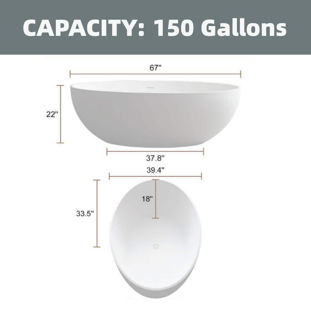 67 in Stone Resin Flatbottom Solid Surface Freestanding Soaking Bathtub in White with Drain