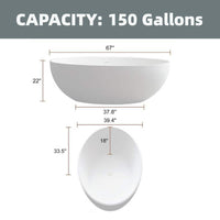 67 in Stone Resin Flatbottom Solid Surface Freestanding Soaking Bathtub in White with Drain