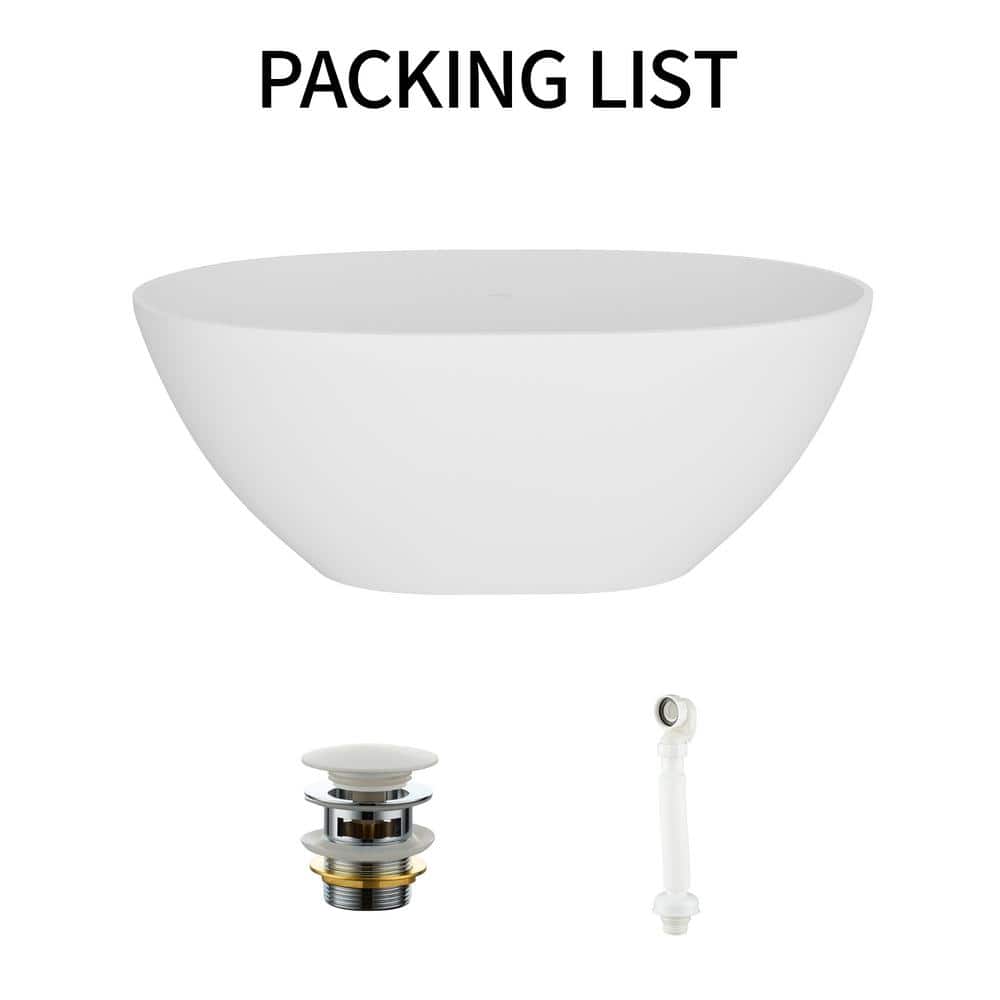 55 in x 30 in Stone Resin Flatbottom Solid Surface Non-Slip Freestanding Soaking Bathtub in White with Drain and Hose