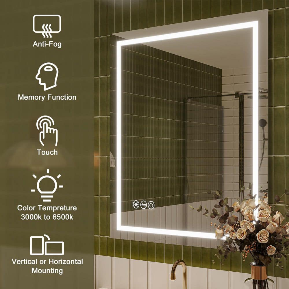 36 in W x 30 in H Rectangular Frameless Anti-Fog Wall-Mounted LED Light Bathroom Vanity Mirror in Silver
