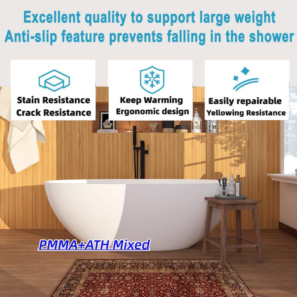 65 in. Stone Resin Flatbottom Solid Surface Freestanding Double Ended Soaking Bathtub in White with Brass Drain