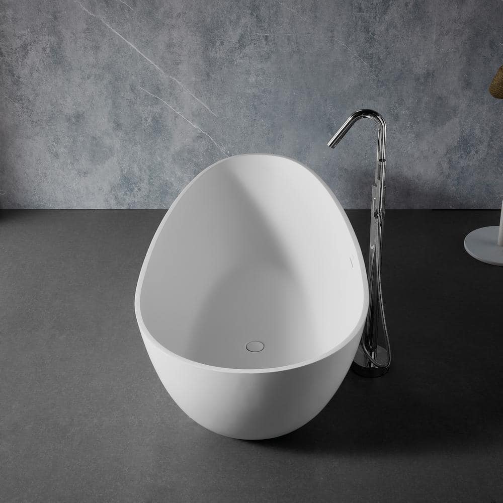 59 in. Stone Resin Flatbottom Solid Surface Freestanding Soaking Bathtub in White with Brass Drain