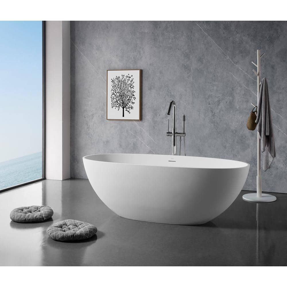 65 in. Stone Resin Flatbottom Solid Surface Freestanding Double Ended Soaking Bathtub in White with Brass Drain