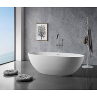 65 in. Stone Resin Flatbottom Solid Surface Freestanding Double Ended Soaking Bathtub in White with Brass Drain