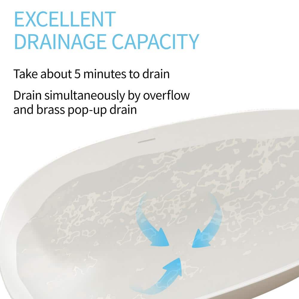55 in x 30 in Stone Resin Flatbottom Solid Surface Non-Slip Freestanding Soaking Bathtub in White with Drain and Hose