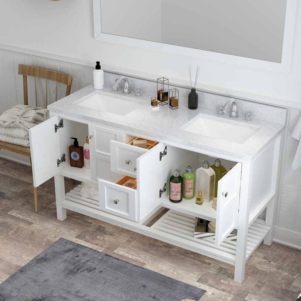 Solid Wood 60 in W x 22 in D x 39.3 in H Double Sink Bath Vanity in Modern Gray with Carrara White Natural Marble Top