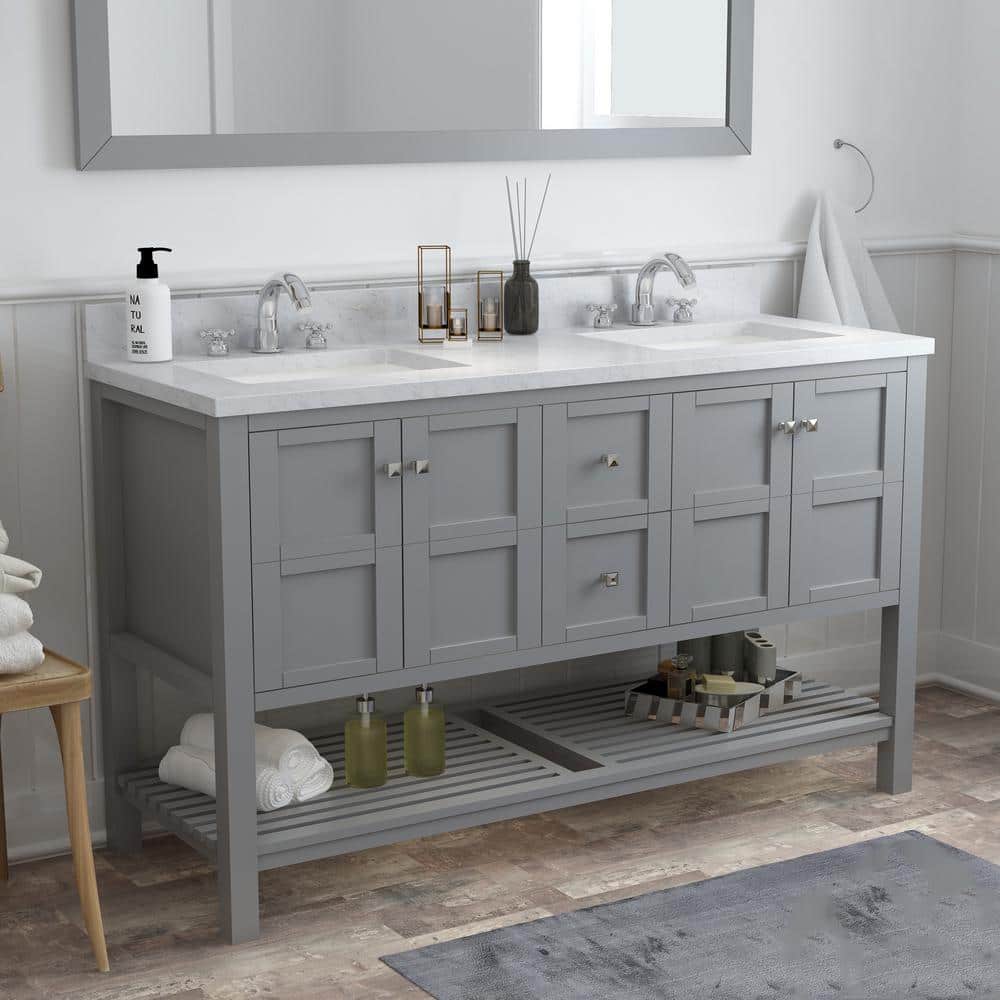Solid Wood 60 in W x 22 in D x 39.3 in H Double Sink Bath Vanity in Modern Gray with Carrara White Natural Marble Top
