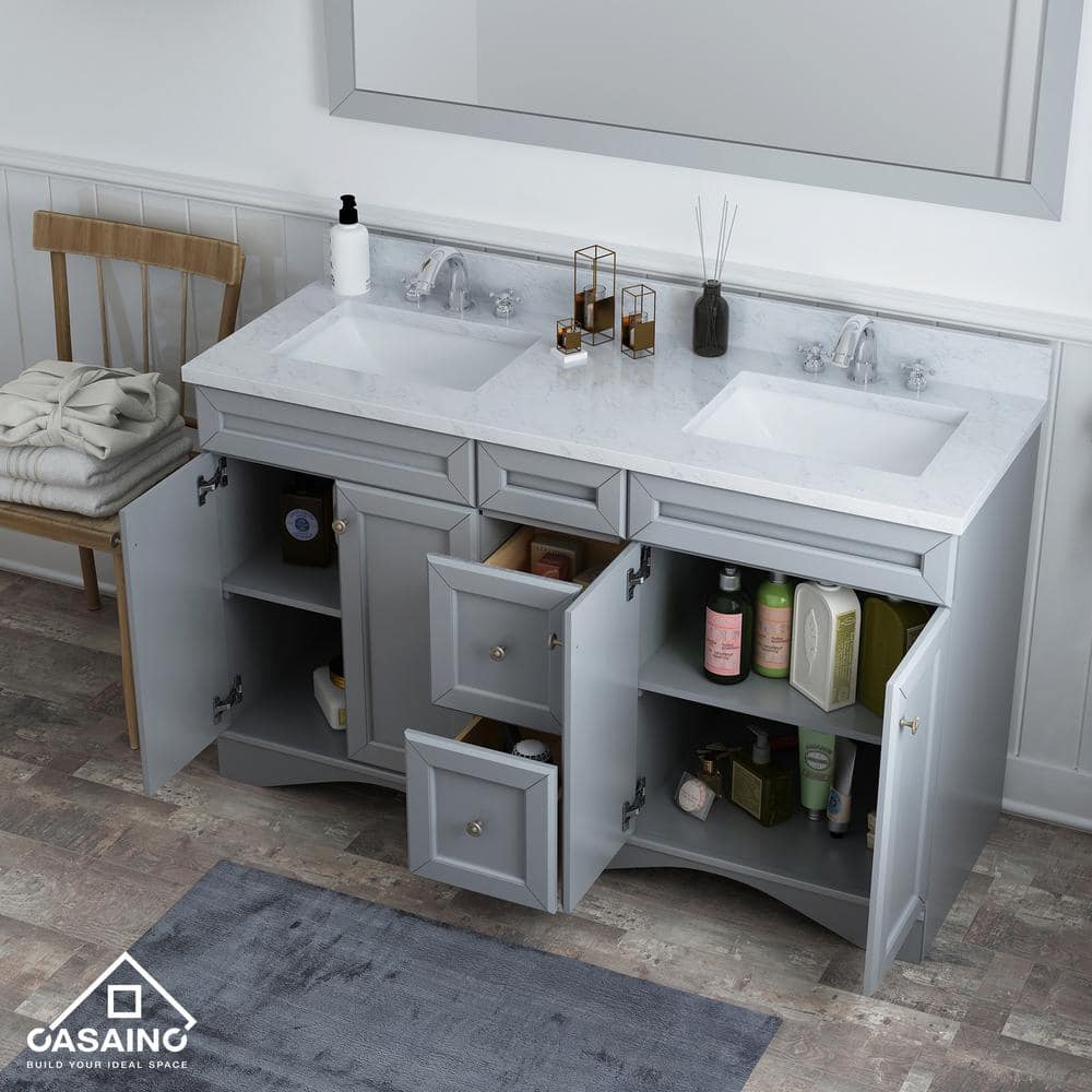 Solid Wood 60 in W x 22 in D x 39.3 in H Double Sink Bath Vanity in Modern Gray with Carrara White Natural Marble Top