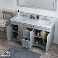 Solid Wood 60 in W x 22 in D x 39.3 in H Double Sink Bath Vanity in Modern Gray with Carrara White Natural Marble Top