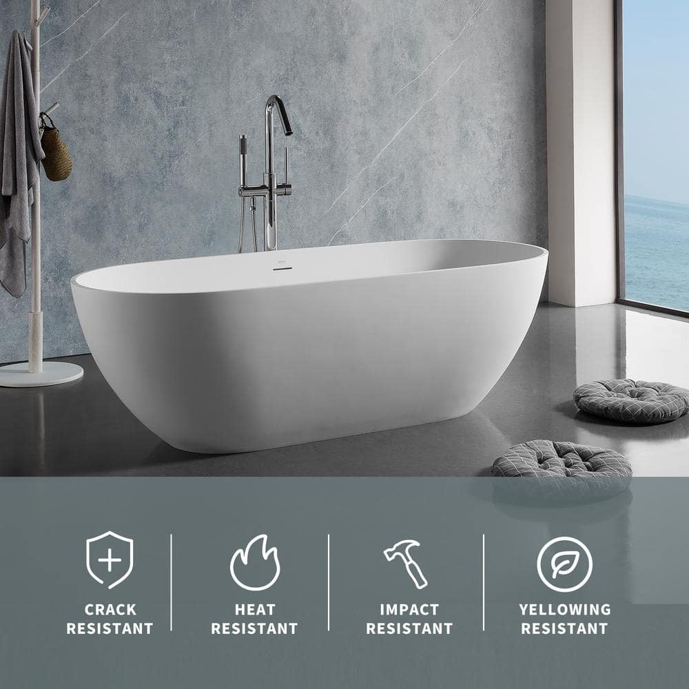 59 in Stone Resin Flatbottom Solid Surface Freestanding Double Slipper Soaking Bathtub in White with Brass Drain