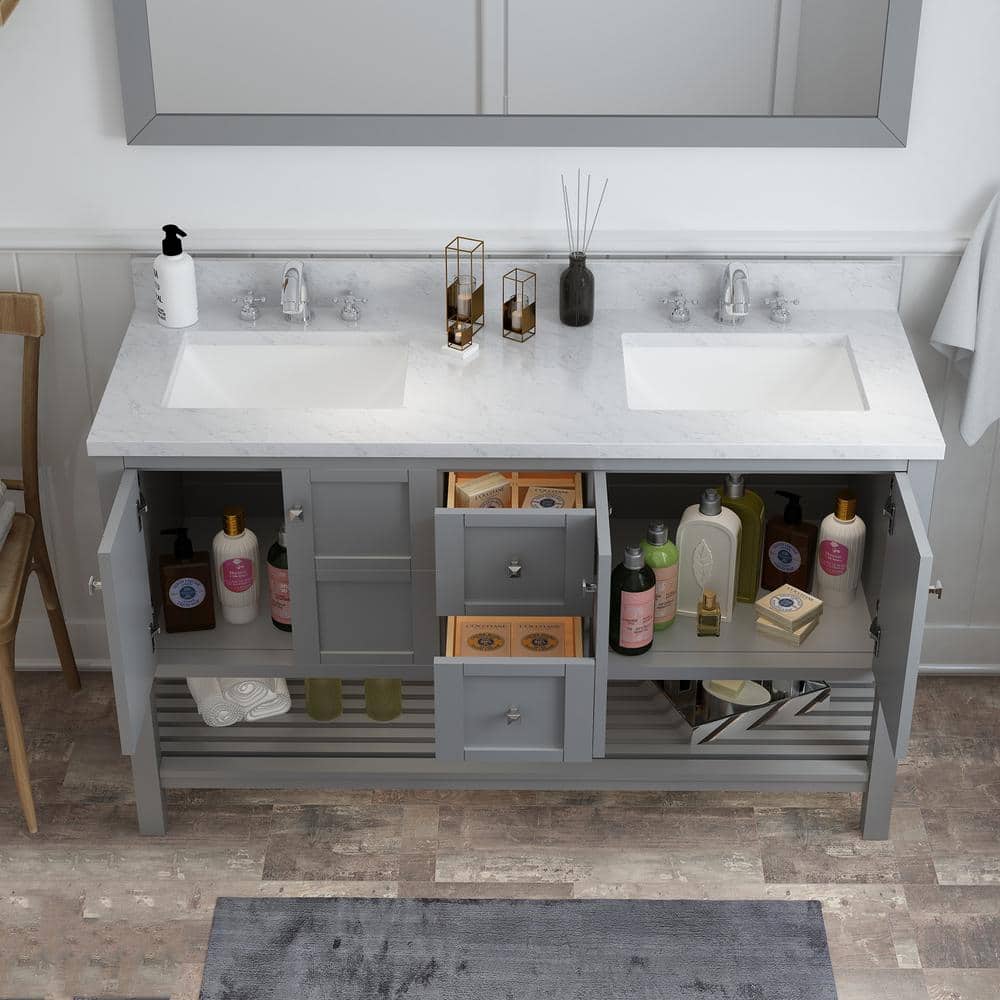 Solid Wood 60 in W x 22 in D x 39.3 in H Double Sink Bath Vanity in Modern Gray with Carrara White Natural Marble Top