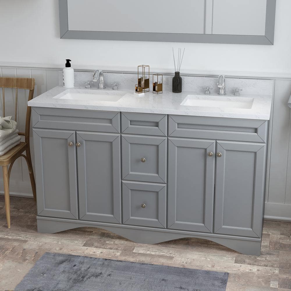 Solid Wood 60 in W x 22 in D x 39.3 in H Double Sink Bath Vanity in Modern Gray with Carrara White Natural Marble Top