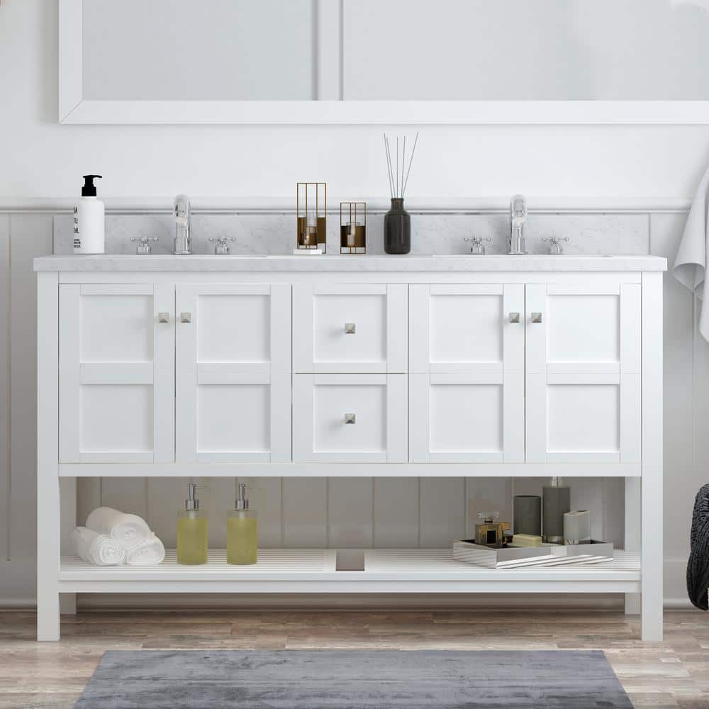 Solid Wood 60 in W x 22 in D x 39.3 in H Double Sink Bath Vanity in Modern Gray with Carrara White Natural Marble Top