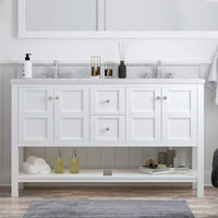 Solid Wood 60 in W x 22 in D x 39.3 in H Double Sink Bath Vanity in Modern Gray with Carrara White Natural Marble Top