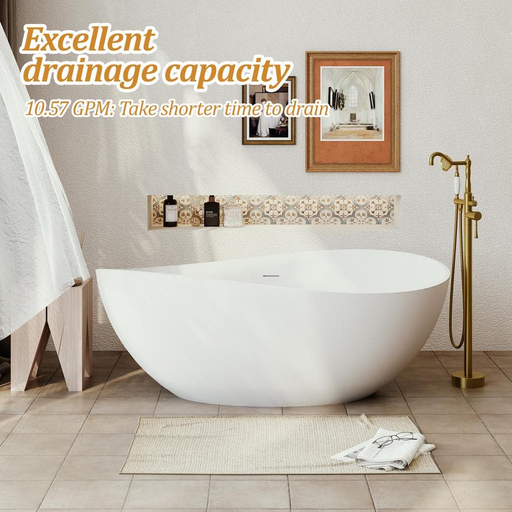 63 in Stone Resin Flatbottom Solid Surface Freestanding Roll Top Soaking Bathtub in White with Brass Drain