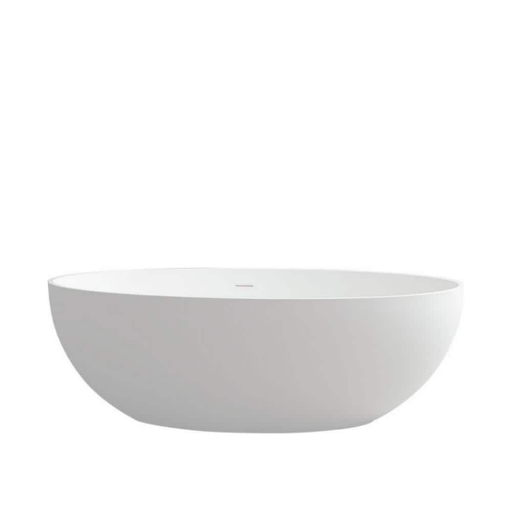 67 in Stone Resin Flatbottom Solid Surface Freestanding Soaking Bathtub in White with Drain