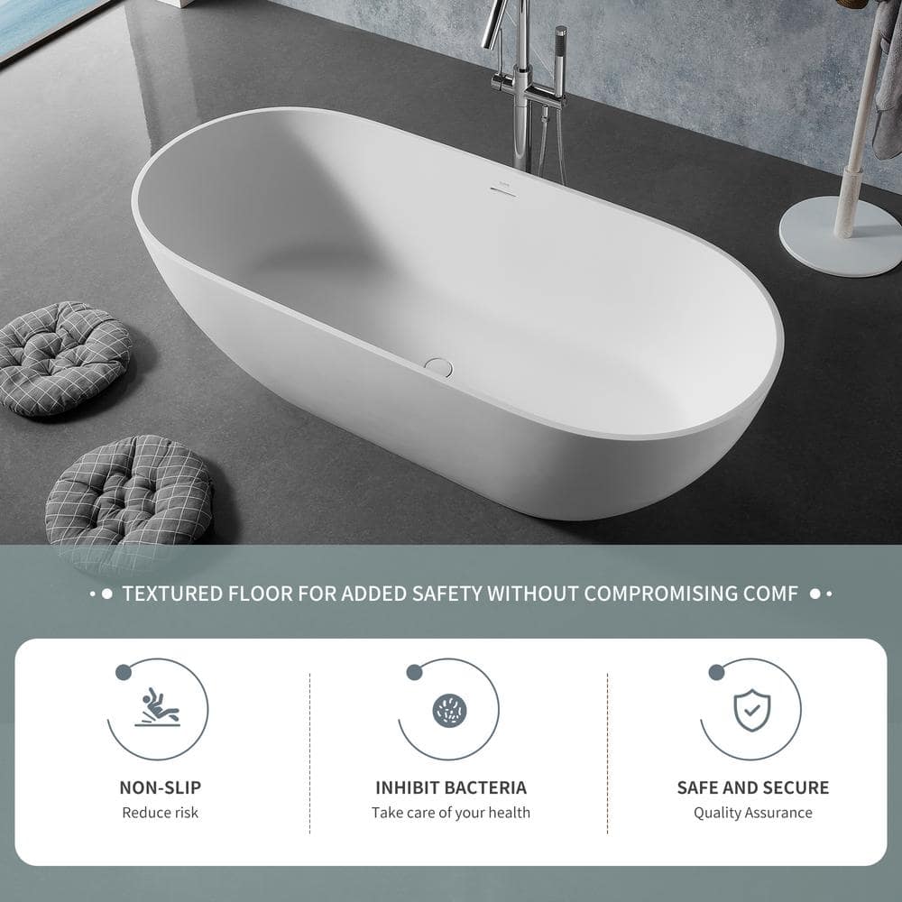 69 in Stone Resin Flatbottom Solid Surface Freestanding Double Slipper Soaking Bathtub in White with Brass Drain