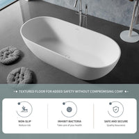 69 in Stone Resin Flatbottom Solid Surface Freestanding Double Slipper Soaking Bathtub in White with Brass Drain