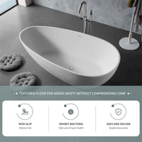 59 in. Stone Resin Flatbottom Solid Surface Freestanding Soaking Bathtub in White with Brass Drain