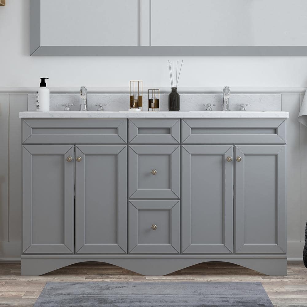 Solid Wood 60 in W x 22 in D x 39.3 in H Double Sink Bath Vanity in Modern Gray with Carrara White Natural Marble Top