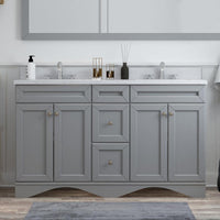Solid Wood 60 in W x 22 in D x 39.3 in H Double Sink Bath Vanity in Modern Gray with Carrara White Natural Marble Top