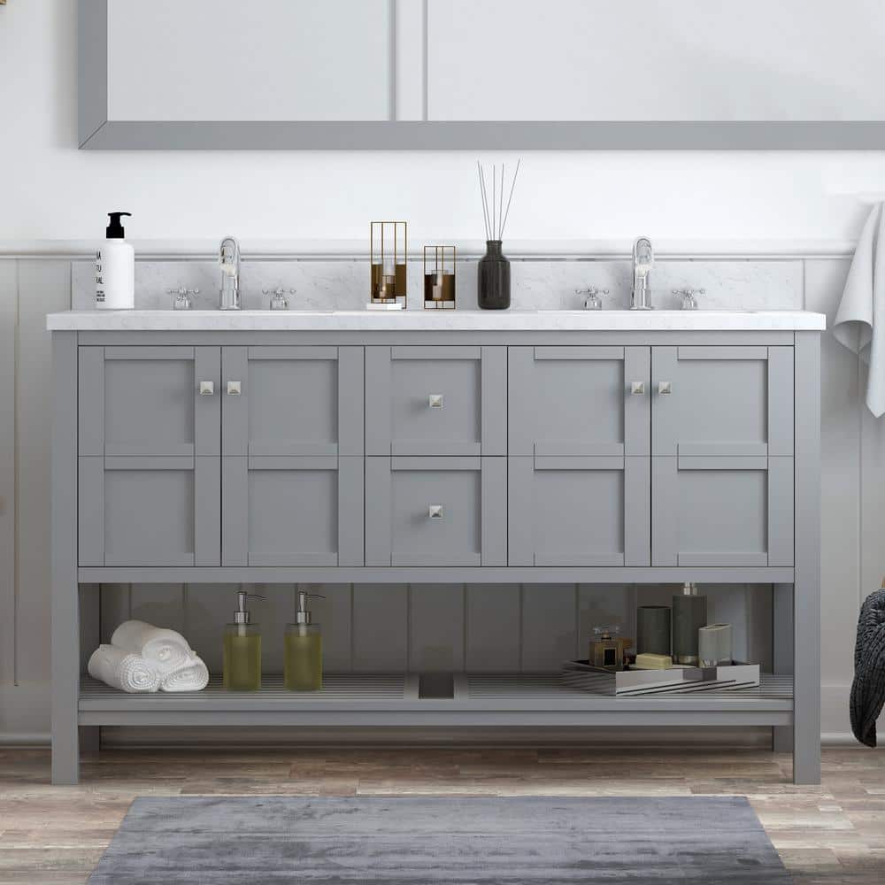 Solid Wood 60 in W x 22 in D x 39.3 in H Double Sink Bath Vanity in Modern Gray with Carrara White Natural Marble Top