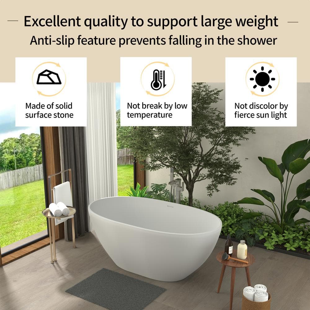 55 in x 30 in Stone Resin Flatbottom Solid Surface Non-Slip Freestanding Soaking Bathtub in White with Drain and Hose