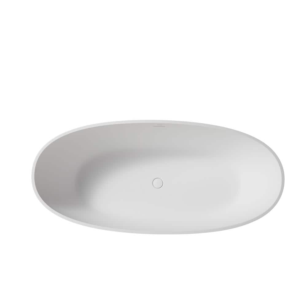 65 in. Stone Resin Flatbottom Solid Surface Freestanding Double Ended Soaking Bathtub in White with Brass Drain