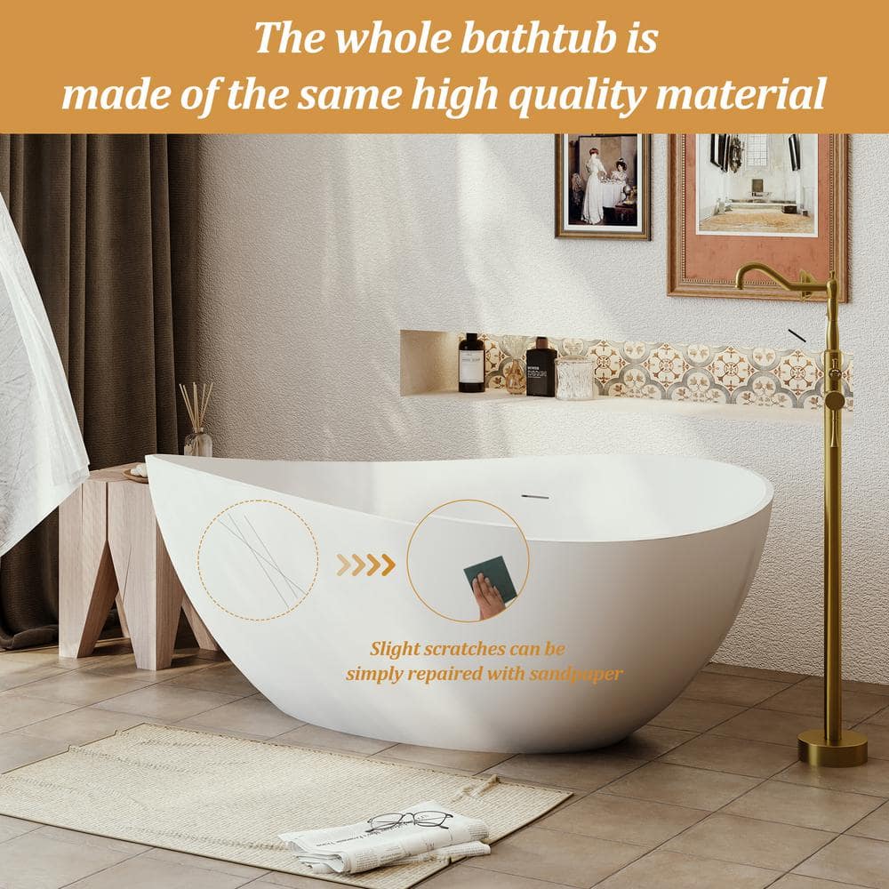 63 in Stone Resin Flatbottom Solid Surface Freestanding Roll Top Soaking Bathtub in White with Brass Drain