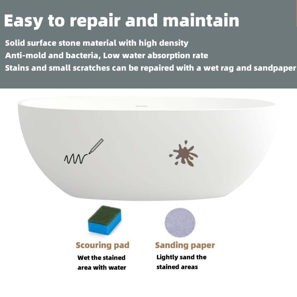 59 in. Stone Resin Flatbottom Solid Surface Freestanding Soaking Bathtub in White with Brass Drain