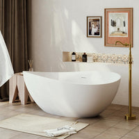 63 in Stone Resin Flatbottom Solid Surface Freestanding Roll Top Soaking Bathtub in White with Brass Drain