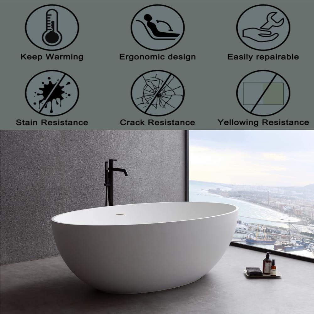 67 in Stone Resin Flatbottom Solid Surface Freestanding Soaking Bathtub in White with Drain