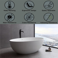 67 in Stone Resin Flatbottom Solid Surface Freestanding Soaking Bathtub in White with Drain